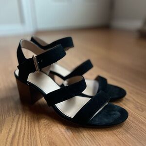 J.Crew Velvet Block Heel Three Strap Chunky Heeled Sandals Size 9.5 Black Gold